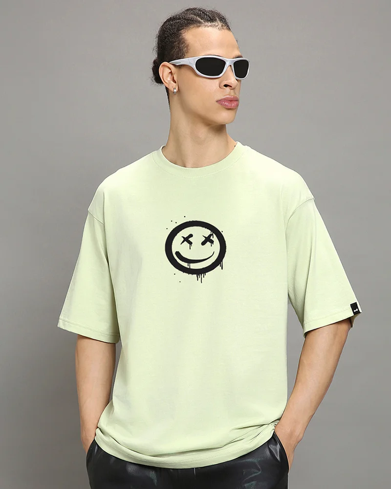 بيواكوف Men's Fog Green Focused Graphic Printed Oversized T-shirt